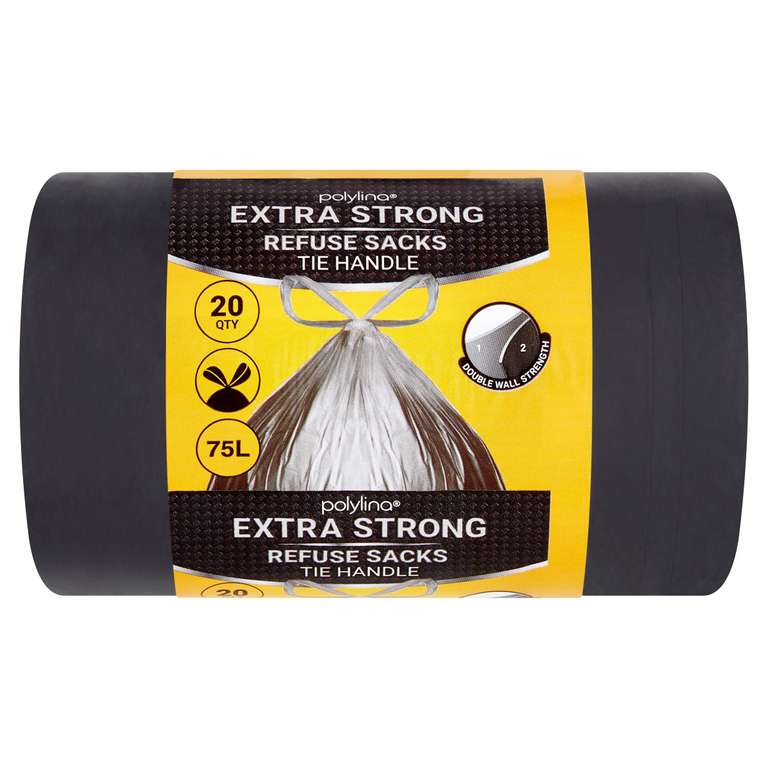 Bin Bags Extra Strong, 75 Litre, 20 Premium Heavy Duty Tie Handle Black Bin Liners Refuse Sacks, Everyday Use, Household, Office & Kitchen