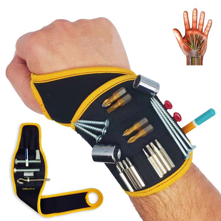 BINYATOOLS Magnetic Wristband -Black- With Super Strong Magnets Holds Screws, Nails, Drill Bit