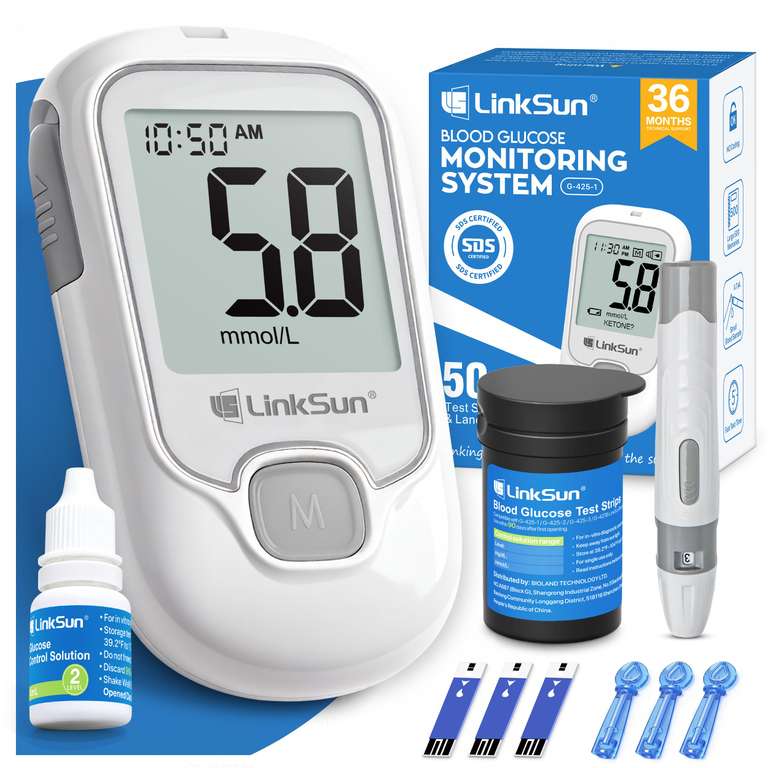 Blood Glucose Monitor Kit with 50 Test Strips, 50 Lancets, 1 Glucometer, 1 Lancing Device, 1 Control Solution - Sold by LinkSun FBA