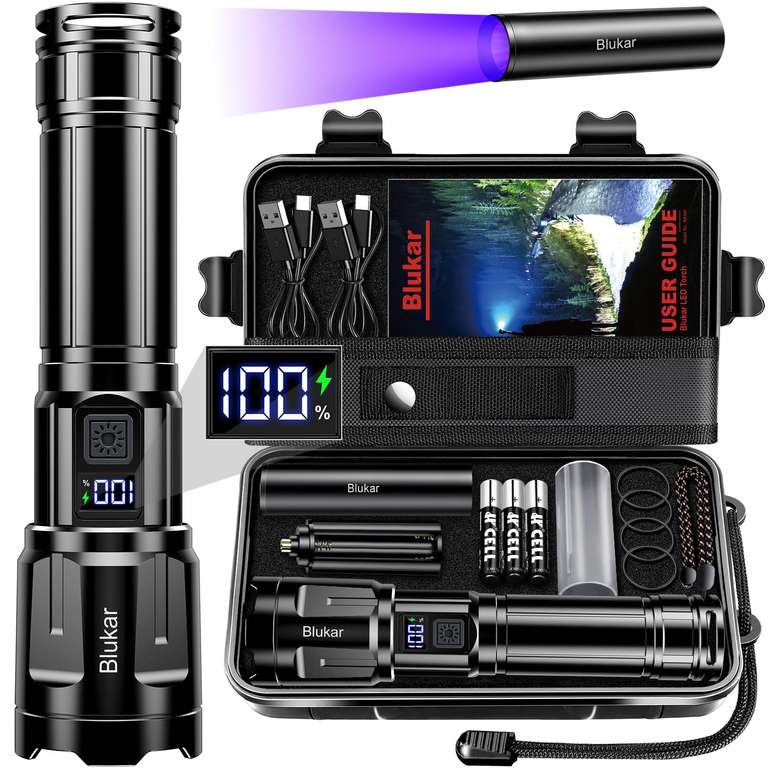 Blukar Rechargeable Super Bright LED Torch - 3 Colour Temperatures & 4 Modes - Sold by Flying-Store FBA