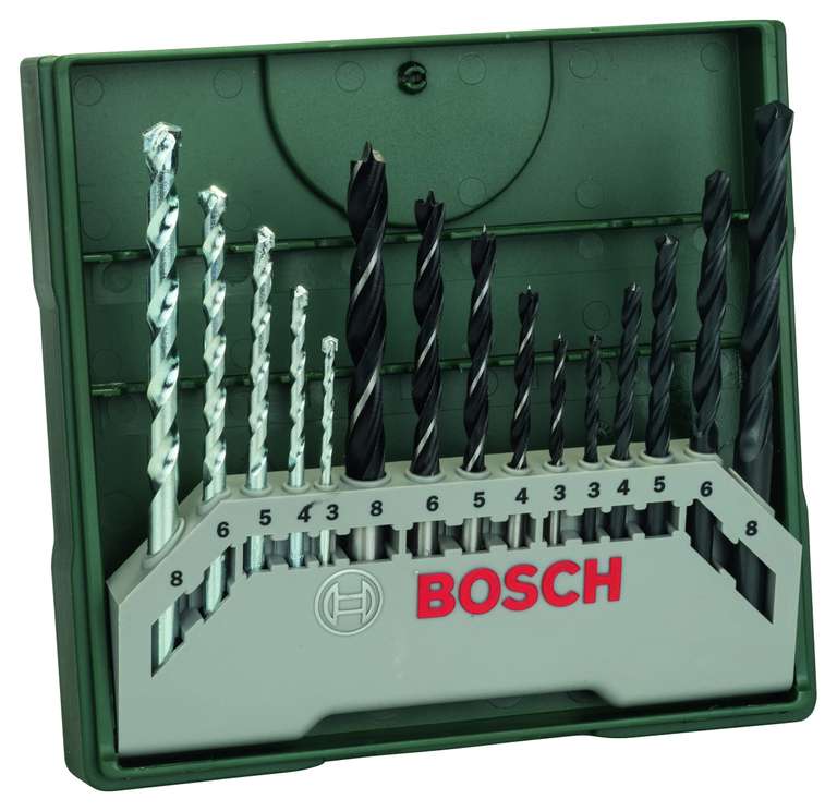 Bosch 2607019675 15-Piece Mini-X-Line Twist Drill Bit Set (Wood, Masonry and Metal, Accessories for Drills)