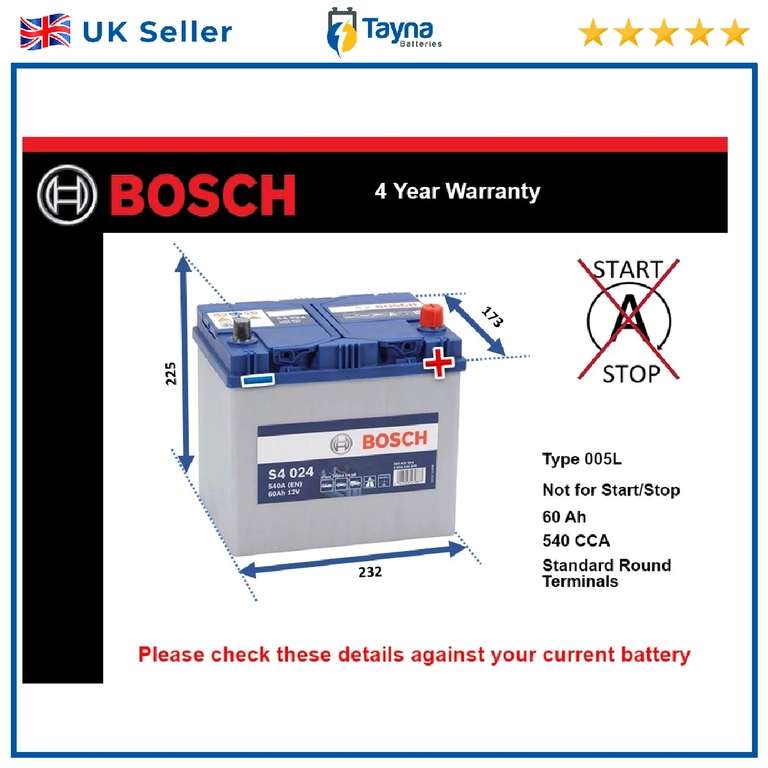 Bosch Car Battery 005L 540A 60Ah - 4 Year Warranty, S4024, Size 232x173x225 - with Code - Sold by Tanya Batteries (UK Mainland)