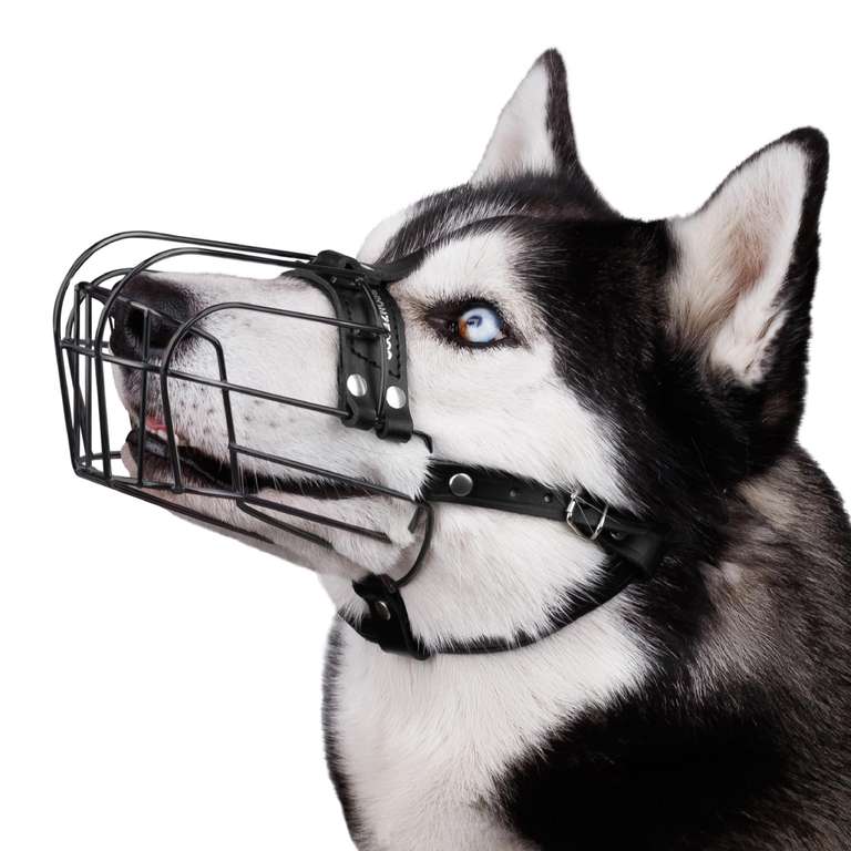BRONZEDOG Dog Muzzle Adjustable Durable Metal Wire Basket for Large/ Extra Large Dogs ,Leather Straps Breathable, Training, Prevents Biting