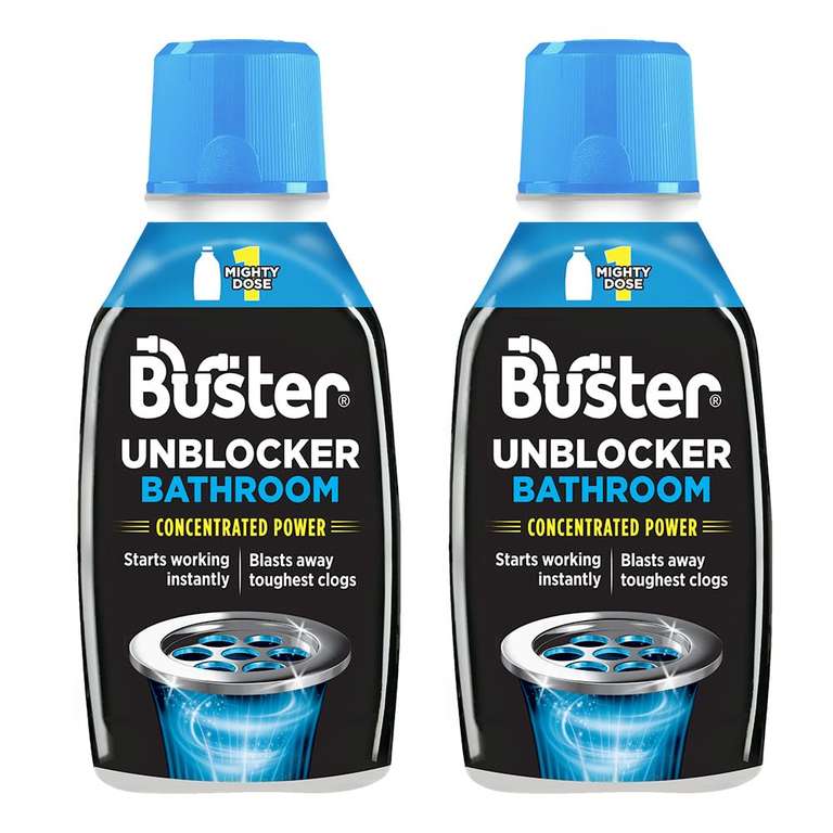 Buster Bathroom Drain Unblocker (Pack of 2 x 300ml) Fast-Acting Sink Unblocker Dissolves Hair, Sludge and Soap, Drain