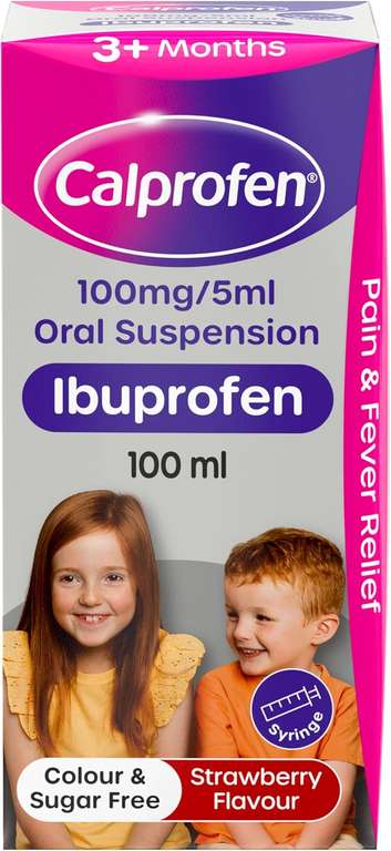 Calprofen Oral Suspension Ibuprofen (1 x 100 ml) Sugar-Free Strawberry Flavour Painkiller with Ibuprofen