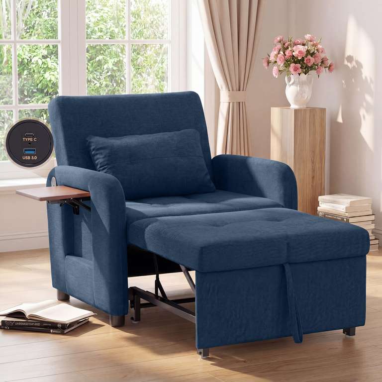 Compact Recliner Armchair with USB Port & Side Table, Space Saving Sleeper Chair with Pull-Out Footrest, Adjustable Lounge Sofa Bed