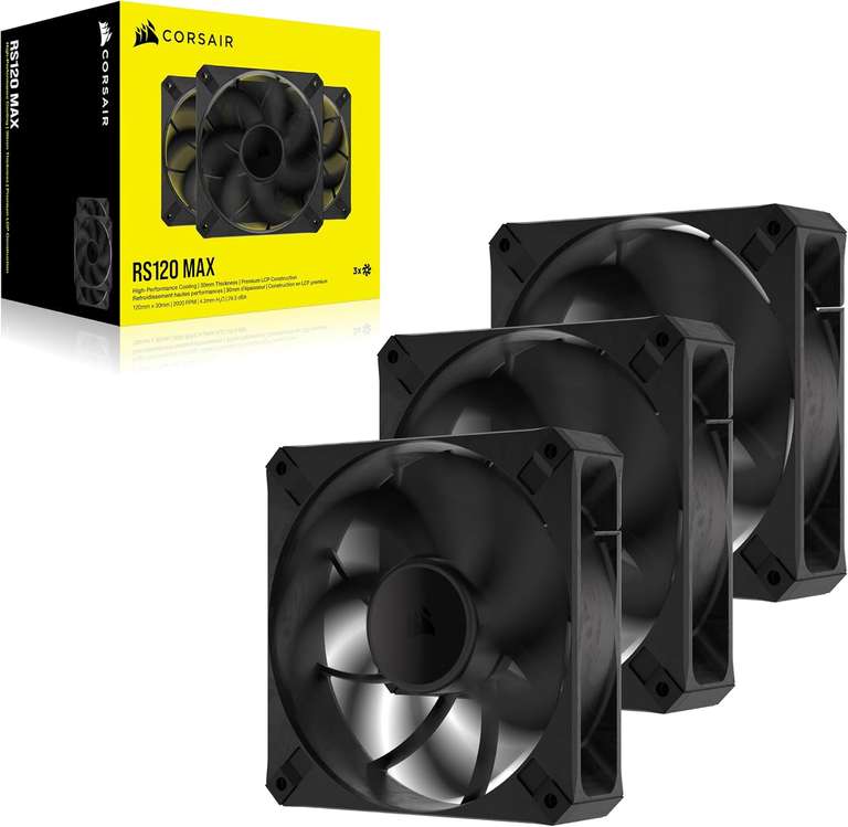 Corsair RS120 MAX 120mm PWM Thick Fans – High Static Pressure – Liquid Crystal Polymer Construction – Triple Pack – Black
