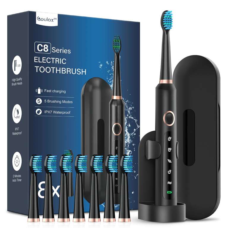 Coulax Pro Sonic Electric Toothbrush for Adults and Kids - 8 Tooth Brush Replacement Heads & Travel Case, 5 Brushing Modes - Navy Or Black