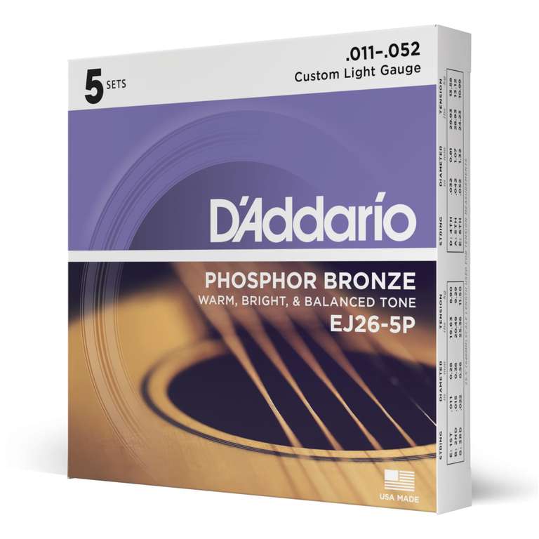 Pack of 5 D'Addario Acoustic Guitar Strings, Phosphor Bronze, EJ26-10P, Custom Light Gauge 11-52, 6-String Set, £11.99