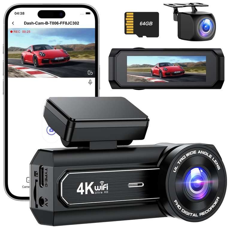 Dash Cam, 4K + 1080P DashCam Front and Rear, WiFi Dashcam with 64GB SD Card - Sold by MOSHE LIMITED / FBA
