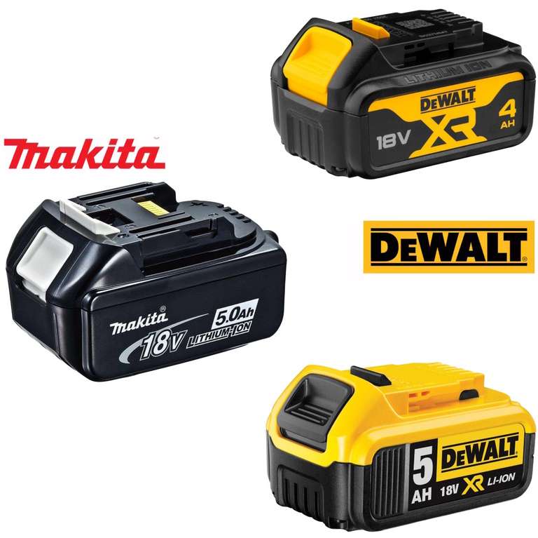 Dewalt DCB182 18V 4Ah XR Li-Ion Battery / 5Ah - £45.59 / Makita BL1850 5Ah 18v Li-Ion LXT Battery - £50.39 - W/Code | Sold by PowerToolMate