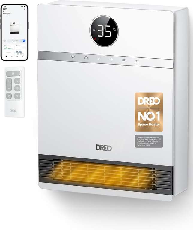Dreo Smart Electric Wall Heater, 28dB Silent Ceramic Space Heaters for Home, Low Energy, 30° Oscillation, Adjustable Thermostat, 24H Timer