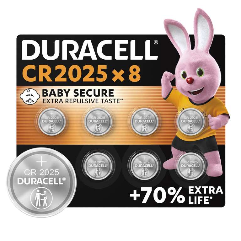 DURACELL CR2025 Lithium Coin Batteries 3V (8 Pack) - Up to 70% Extra Life