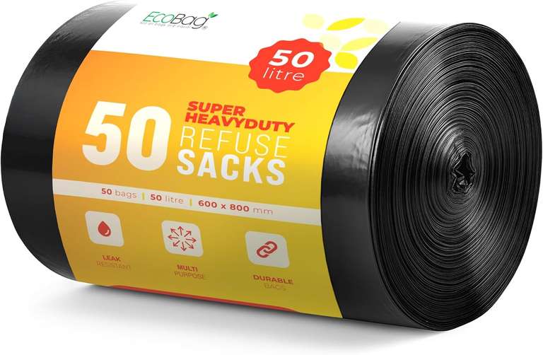 EcoBag - 50 Pack Super Strong Heavy Duty Refuse Sacks