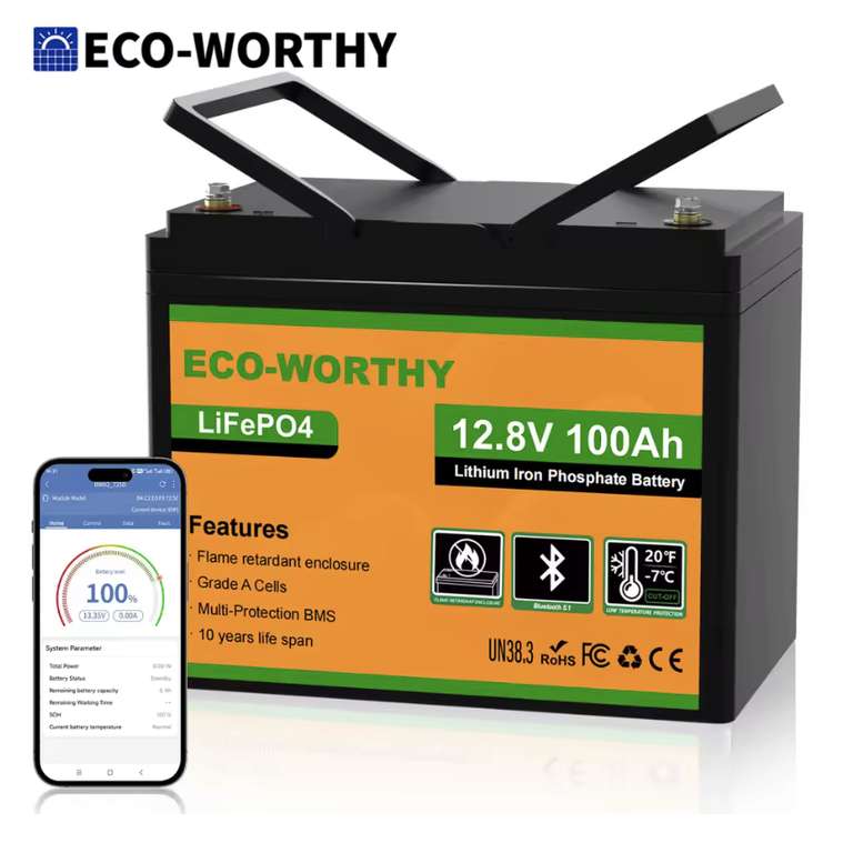 ECO-WORTHY 12V 100Ah LiFePO4 Lithium Leisure Battery, 1280Wh (with code) ECOWORTHY UK Store Store