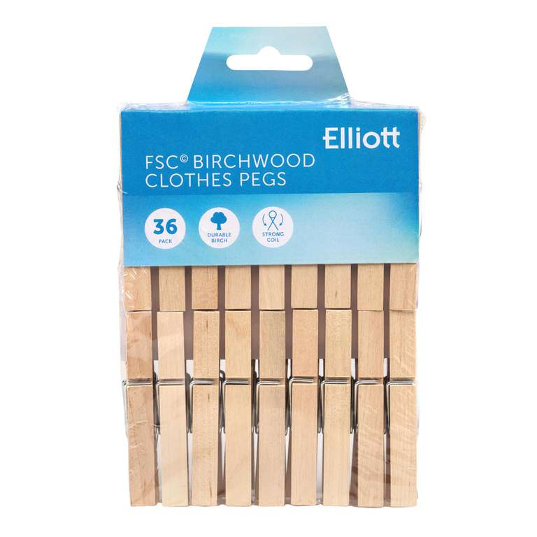 Elliott 36 Fsc Strong Grip Hardwood Coil Spring Clothes Pegs For Washing Lines, Clothes Horse And Arts & Crafts Use