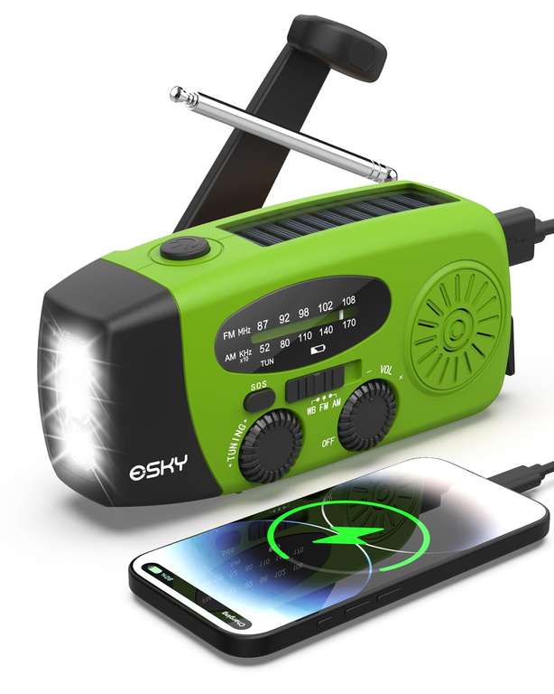 Esky Wind Up Solar Emergency Radio, Portable Hand Crank AM/FM Radio with 2000mAh Rechargeable Power Bank - Sold By TSMART/FBA