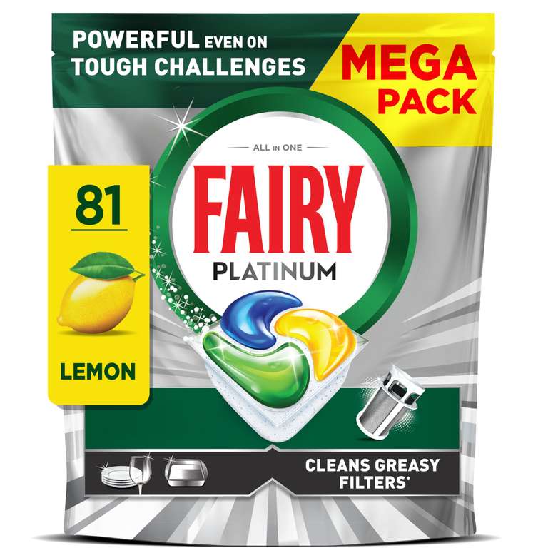 Fairy Platinum Dishwasher Tablets, Lemon, 81 Capsules, Powerful Even on Tough Cleaning Challenges