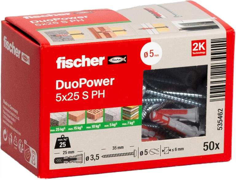 Fischer DuoPower 5 x 25 S PH Wall Plugs - 50 Plugs & 50 Screws