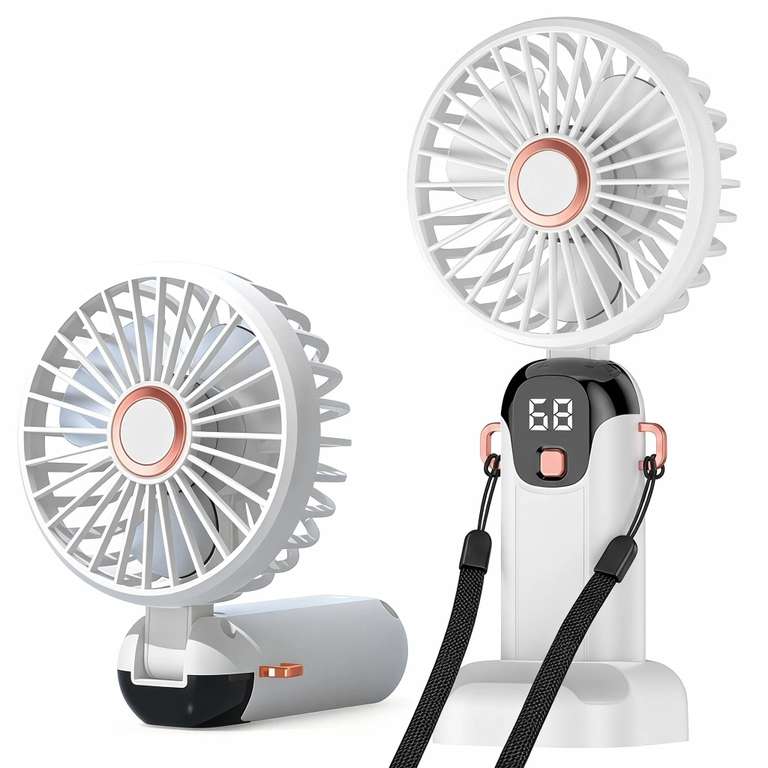Folding Handheld Fan, 90° Foldable Fan with Lanyard & Phone Stand Base, 5 Speeds Rechargeable FitFabo FBA