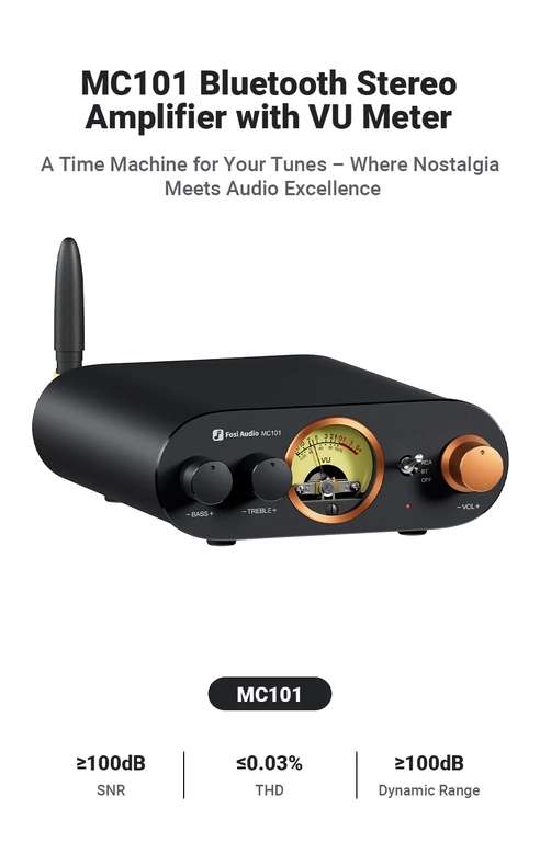 Fosi Audio MC101 Bluetooth Stereo Amplifier with VU Meter ( Upto 100W / 24V PSU / RCA ) w/codes@HIFI MADE FUN Store