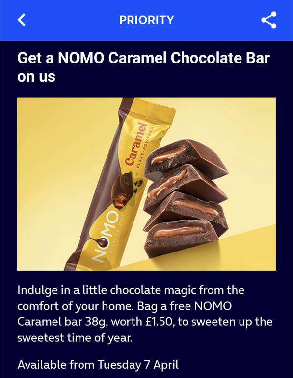 190° - Free NOMO Caramel Chocolate Bar @ O2 Priority
