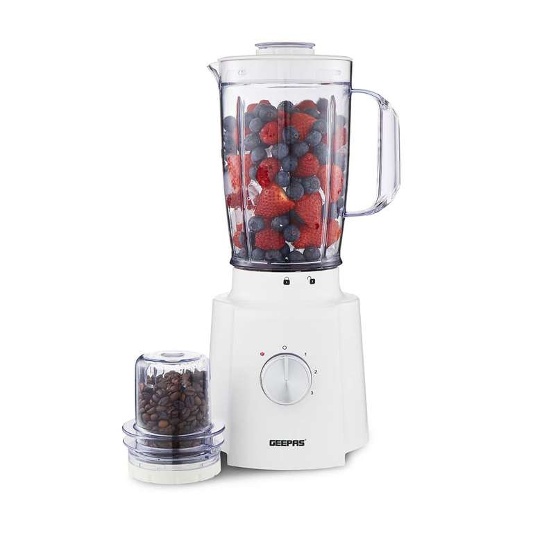 GEEPAS 2-in-1 Food Jug Blender | 1.6L Juice Jar & 100G Mini Coffee Spice Grinder 4-Leaf Stainless-Steel Blades 3 Speed & Pulse Safety Lock