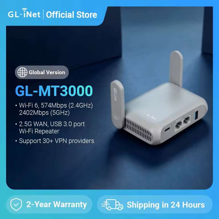 GL.iNet GL-MT3000 Beryl AX Wi-Fi 6 Wireless Travel Gigabit Router ( WiFi 6 /802.11a/b/g/n/ac/ax )w/code@GL-iNet Overseas Store(UK Despatch)