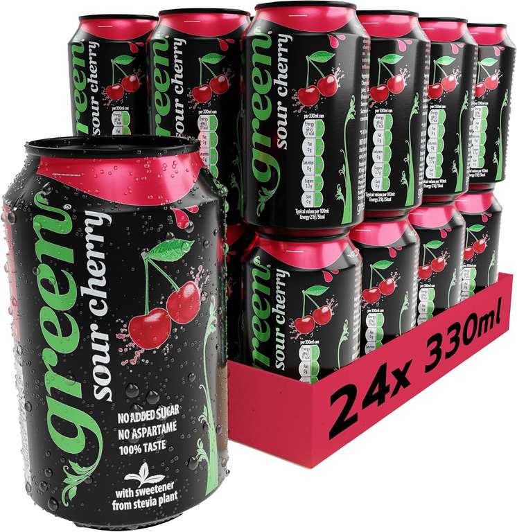 Green Sour Cherry Soft Drink - Low Calorie Fizzy Drink with 10% Natural Juice (330ml x 24)