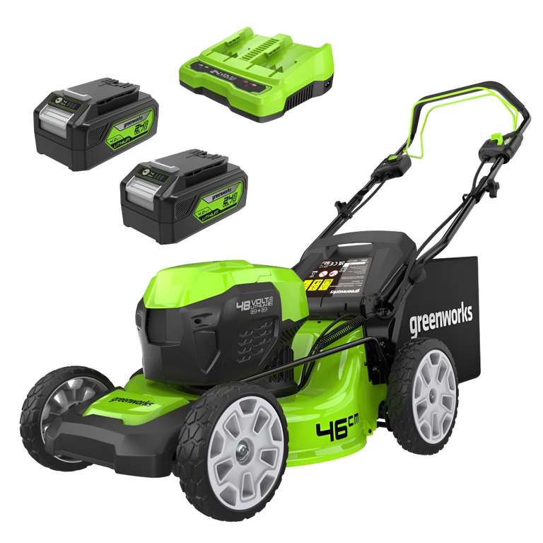 Greenworks 48V (2x24V) Self Propelled Cordless Lawnmower, 46cm Cutting Width, 55L Bag Plus Two 4Ah Batteries