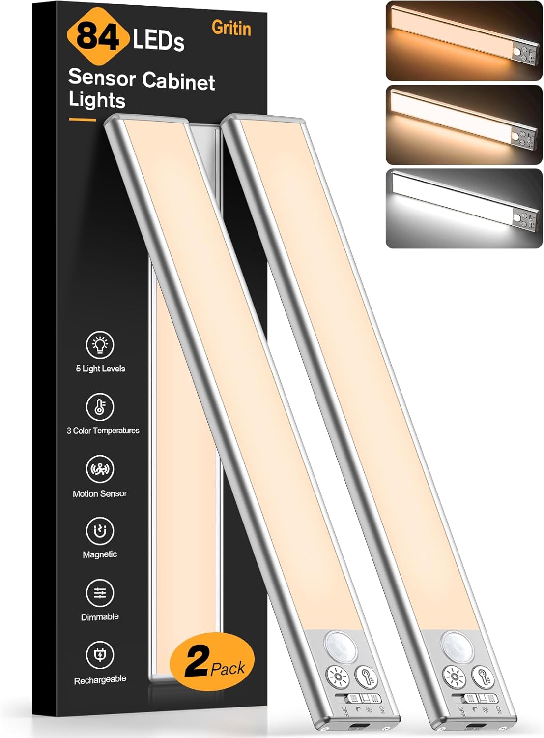 Gritin Under Cabinet Kitchen Lights Rechargeable-3 Color Temps&5 Level Brightness, Super Bright, 4 Modes, Motion Sensor, 26cm