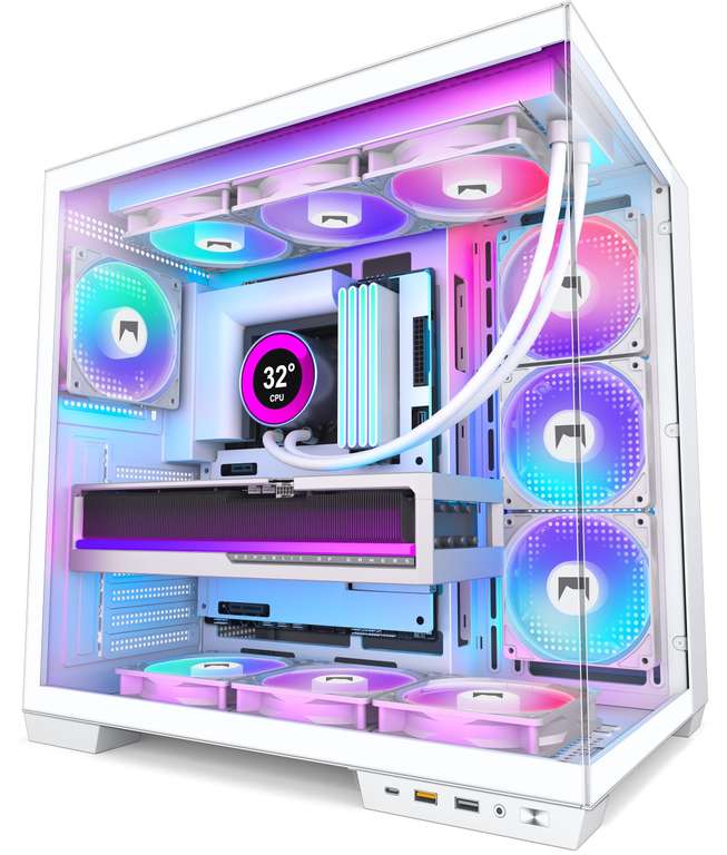 H1 ATX PC Case, 7 PWM ARGB Fans, Dual Chamber Mid-Tower Gaming PC Case, Type-C, Fits 2x360mm Radiators (White, H1) - Sold by HANT Shop