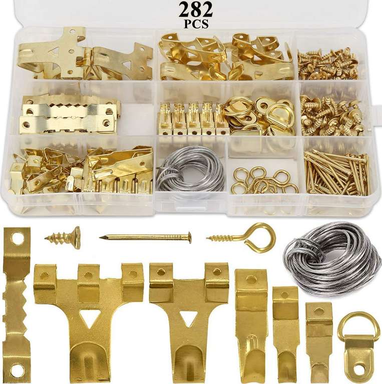 Hausprofi 282pcs Picture Hooks Assorted Hanger Set - 62 Steel Hooks, 30 Sawtooth, D-Ring, Steel Wire, Nails, Screws - Sold by Qliver-UK /FBA