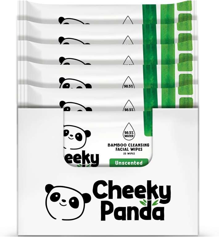 he Cheeky Panda Bamboo Face Cleanser Makeup Remover Wipes Unscented | 6 Packs of 25
