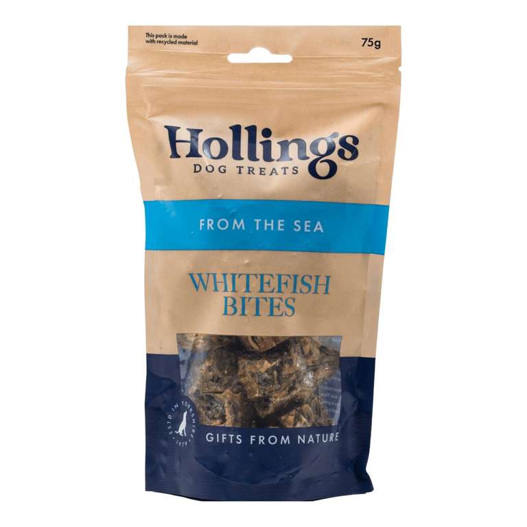 Hollings Whitefish Bites Dog Treats, 100% Natural with Fresh Fish Air Dried Healthy Treats for Dogs, Hypoallergenic and Grain Free (75g)