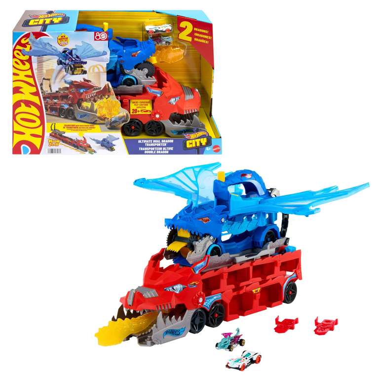 Hot Wheels City Toy Car Track Set, Ultimate Dual Dragon Transporter & 2 Die-Cast Cars, Stores 20+ Vehicles