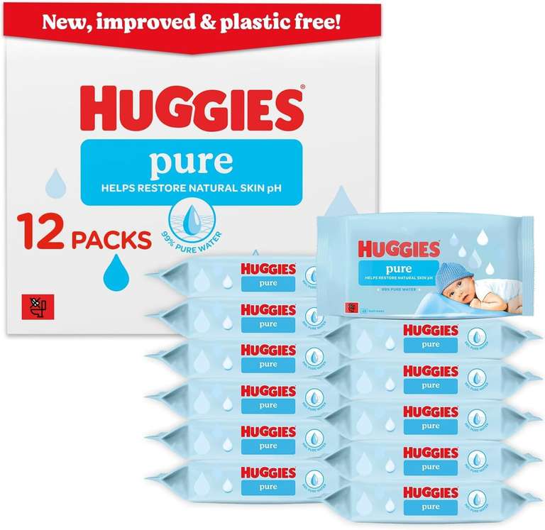 Huggies Pure Plastic Free Baby Wipes - Pack of 12 (576 Wipes)