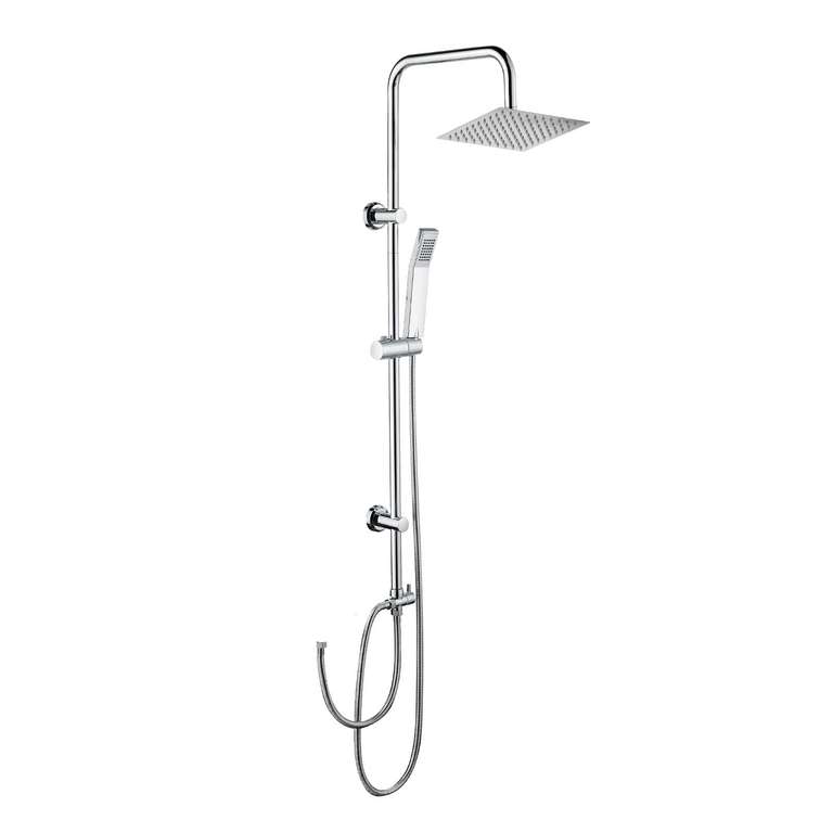 iBathUK Elevex Modern 2 Way Shower Riser Rail Kit, Stainless Steel Fixed Square Head, Brass Diverter & Flexible Hose