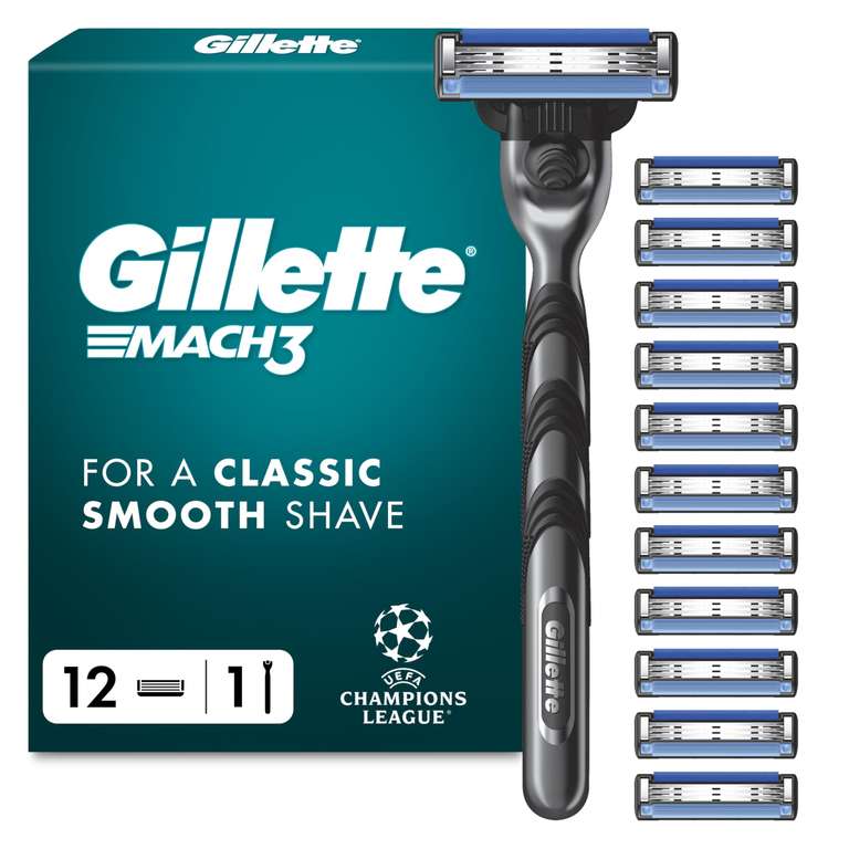 Gillette UEFA Champions League Special Edition Mach3 Razor for Men, 3-Bladed, 1 Razor, 12 Blade Refills