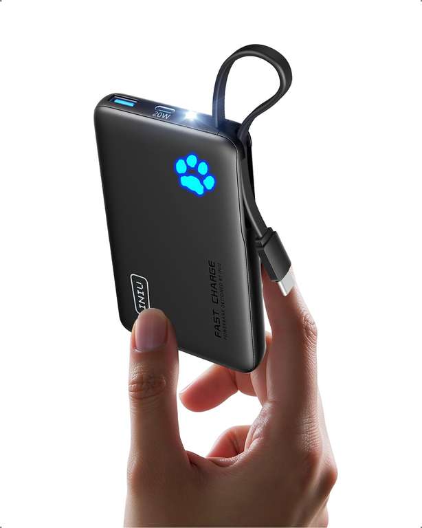 INIU Smaller 10000mAh Power Bank, 20W PD Fast Charging Portable Charger Flashlight, Built in USB C Cable - Sold by SimpleLife LLC / FBA