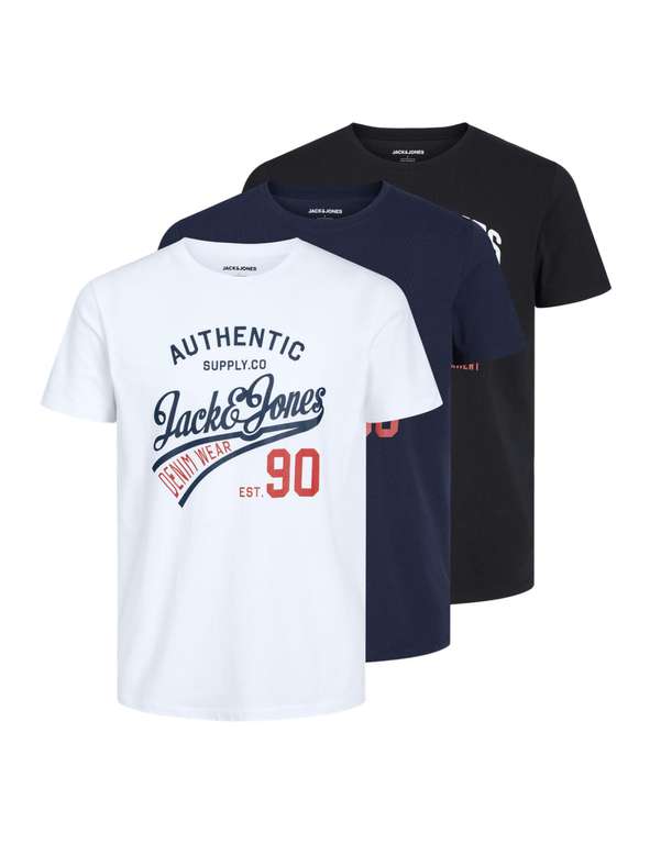 JACK & JONES Men's Logo 3 Pack T-Shirt Short Sleeve Cotton (Size XL) Black/White/Navy