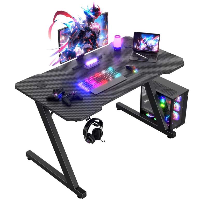 JUMMICO 100x60cm Gaming Desk, Carbon Fiber Surface, Headset Holder & 2 Cable Management Holes