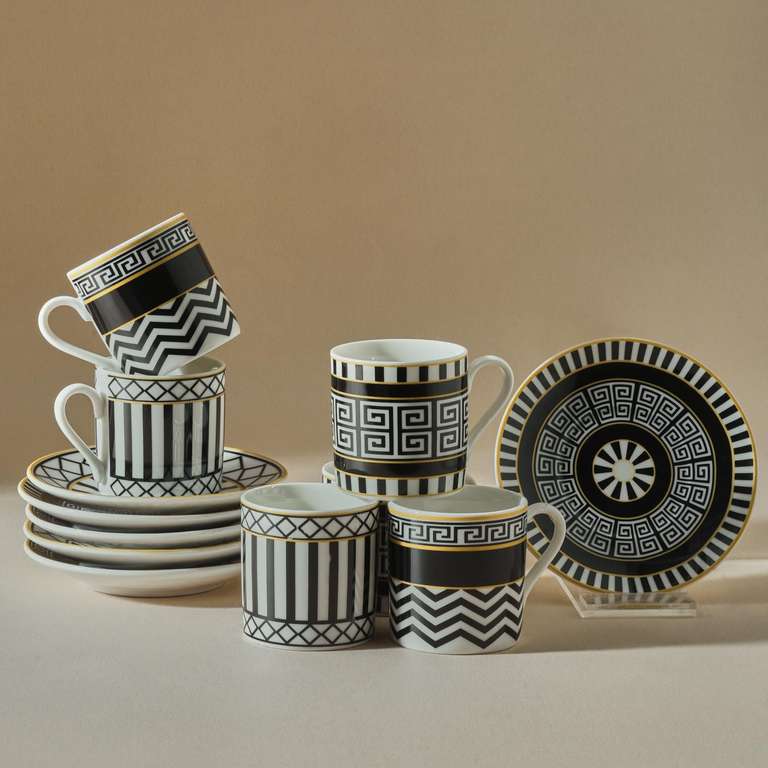 KARACA Helenistik 12-Piece Turkish Coffee Cup Set for 6 People, 80ml, Small Espresso Cups with Saucers