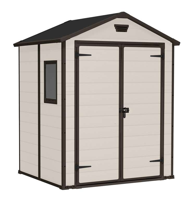 Keter, Manor Apex 6 x 5 ft Outdoor Garden Storage Shed, wood-effect double door design for easy access, durable fade-free, Beige and Brown