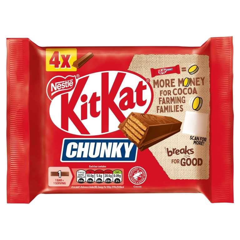 KitKat Chunky Milk Chocolate Bar 4 Pack Multipack 160g, 4 x 40g (£1.02/£0.96 S&S)