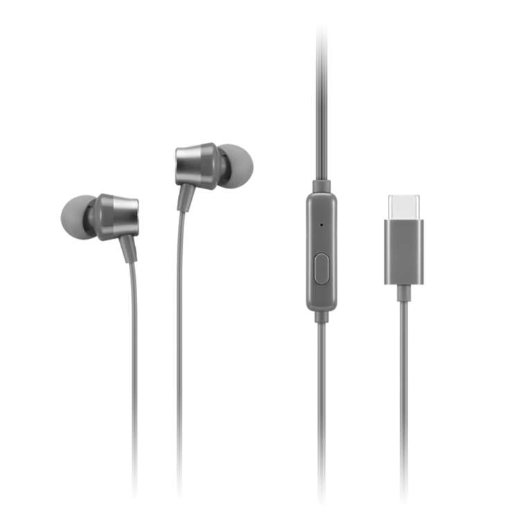 Lenovo Wired in-Ear USB-C Headphone, in-Line Microphone, 3 Sizes Silicone Ear Tips Included, Grey