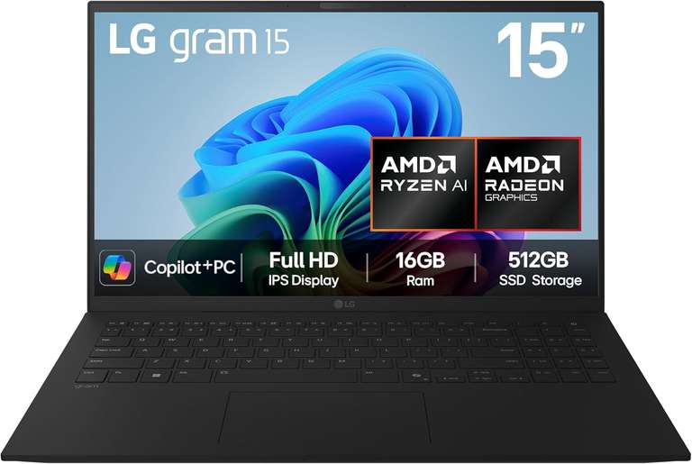 LG gram 15Z80T (Excl.)- 15.6 inch FHD IPS Laptop, AMD Ryzen AI 7 350, AMD Radeon 860M GPU, 50 TOPS NPU, 16GB RAM, 512GB SSD