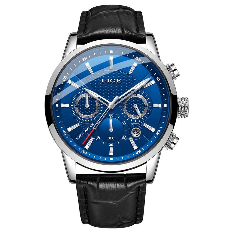 LIGE Mens Leather Wrist Watch, Analog Chronograph, Waterproof 3ATM, Luminous, Quartz, Date Display Blue/Black - Sold By BANGWEI Store/FBA