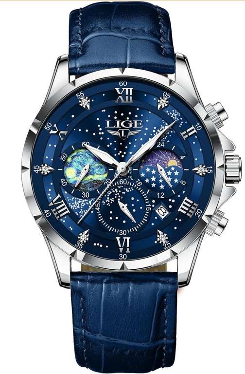 LIGE Men's Wrist Watch, Waterproof, Analogue Chronograph, Leather, Lunar Phase Display Quartz - Sold By BANGWEI Store / FBA