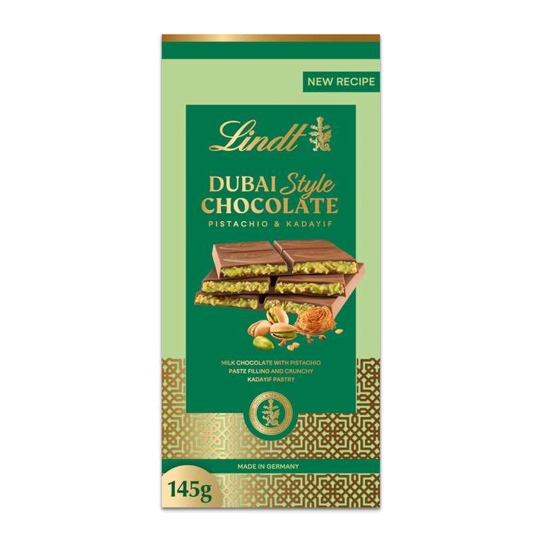 Lindt Dubai Style Chocolate Bar, Milk Chocolate with Pistachio and Crunchy Pastry, Made in Germany, 145g
